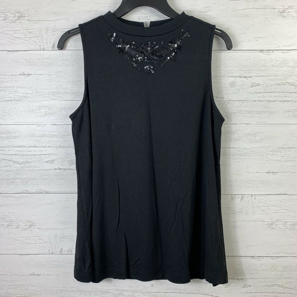 Loft Top Solid Black Sleeveless Embellished Mock M